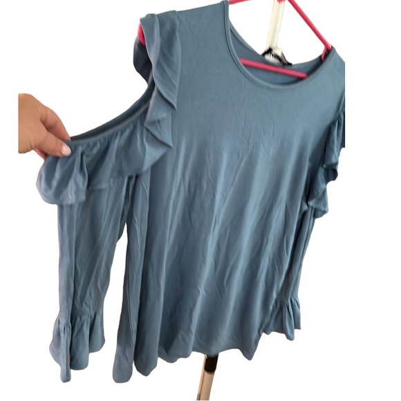 Karl  Lagerfield large slate blue long sleeve crew neck tee with cold shoulder - Picture 1 of 15